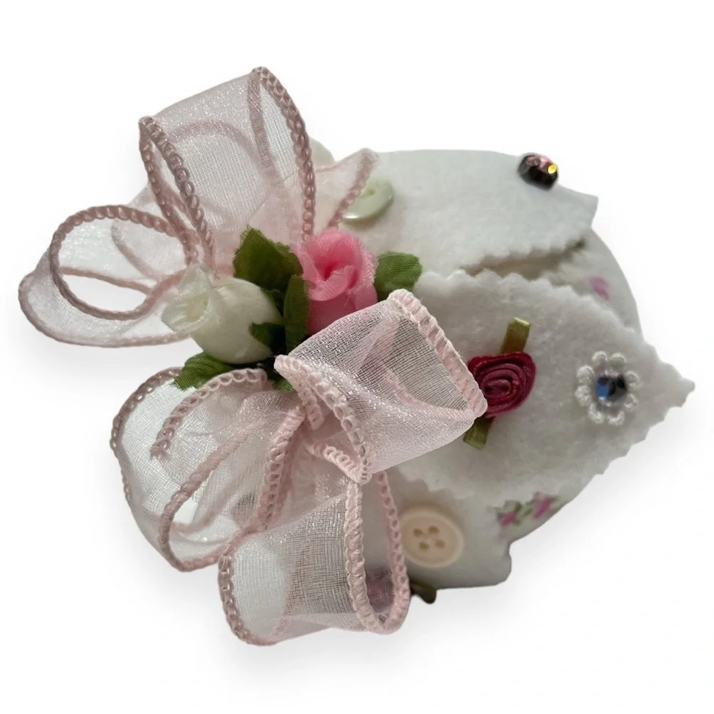 Handmade‎ Strawberry Pin Cushion Floral Rose Bud and Ribbons Pink Survivor Print